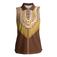 Aloha Hawaii Cowboy Custome Women Sleeveless Polo Shirt Puakenikeni Lei Palaka Tassel Style LT14 Female Brown - Polynesian Pride