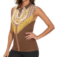 Aloha Hawaii Cowboy Custome Women Sleeveless Polo Shirt Puakenikeni Lei Palaka Tassel Style LT14 - Polynesian Pride