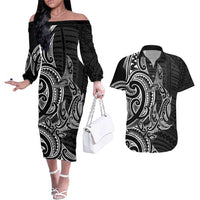 New Zealand Hammerhead Shark Couples Matching Off The Shoulder Long Sleeve Dress and Hawaiian Shirt Maori Haehae Mangopare Black LT14 Black - Polynesian Pride