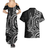 New Zealand Hammerhead Shark Couples Matching Summer Maxi Dress and Hawaiian Shirt Maori Haehae Mangopare Black LT14 - Polynesian Pride