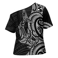 New Zealand Hammerhead Shark Cross Shoulder Shirt Maori Haehae Mangopare Black - Polynesian Pride