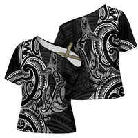 New Zealand Hammerhead Shark Cross Shoulder Shirt Maori Haehae Mangopare Black - Polynesian Pride