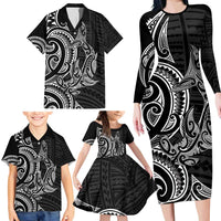 New Zealand Hammerhead Shark Family Matching Long Sleeve Bodycon Dress and Hawaiian Shirt Maori Haehae Mangopare Black LT14 - Polynesian Pride