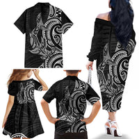 New Zealand Hammerhead Shark Family Matching Off The Shoulder Long Sleeve Dress and Hawaiian Shirt Maori Haehae Mangopare Black LT14 - Polynesian Pride