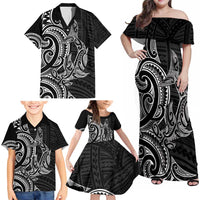 New Zealand Hammerhead Shark Family Matching Off Shoulder Maxi Dress and Hawaiian Shirt Maori Haehae Mangopare Black LT14 - Polynesian Pride