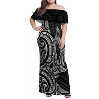 New Zealand Hammerhead Shark Family Matching Off Shoulder Maxi Dress and Hawaiian Shirt Maori Haehae Mangopare Black LT14 Mom's Dress Black - Polynesian Pride