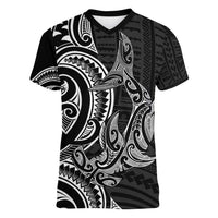 New Zealand Hammerhead Shark Women V-Neck T-Shirt Maori Haehae Mangopare Black LT14 Female Black - Polynesian Pride