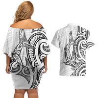 New Zealand Hammerhead Shark Couples Matching Off Shoulder Short Dress and Hawaiian Shirt Maori Haehae Mangopare White LT14 - Polynesian Pride