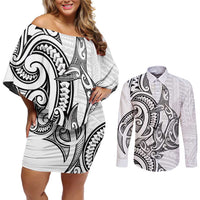 New Zealand Hammerhead Shark Couples Matching Off Shoulder Short Dress and Long Sleeve Button Shirt Maori Haehae Mangopare White - Polynesian Pride