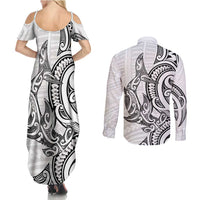 New Zealand Hammerhead Shark Couples Matching Summer Maxi Dress and Long Sleeve Button Shirt Maori Haehae Mangopare White - Polynesian Pride