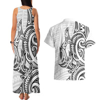 New Zealand Hammerhead Shark Couples Matching Tank Maxi Dress and Hawaiian Shirt Maori Haehae Mangopare White LT14 - Polynesian Pride