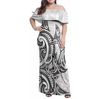 New Zealand Hammerhead Shark Family Matching Off Shoulder Maxi Dress and Hawaiian Shirt Maori Haehae Mangopare White LT14 Mom's Dress White - Polynesian Pride