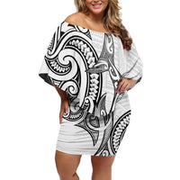 New Zealand Hammerhead Shark Family Matching Off Shoulder Short Dress and Hawaiian Shirt Maori Haehae Mangopare White LT14 Mom's Dress White - Polynesian Pride