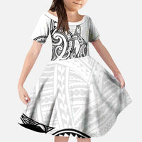 New Zealand Hammerhead Shark Kid Short Sleeve Dress Maori Haehae Mangopare White - Polynesian Pride