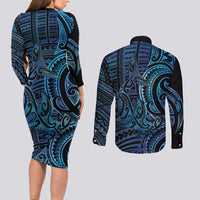 New Zealand Hammerhead Shark Couples Matching Long Sleeve Bodycon Dress and Long Sleeve Button Shirt Maori Haehae Mangopare Galaxy - Polynesian Pride