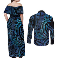 New Zealand Hammerhead Shark Couples Matching Off Shoulder Maxi Dress and Long Sleeve Button Shirt Maori Haehae Mangopare Galaxy - Polynesian Pride