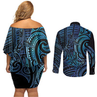 New Zealand Hammerhead Shark Couples Matching Off Shoulder Short Dress and Long Sleeve Button Shirt Maori Haehae Mangopare Galaxy - Polynesian Pride