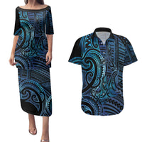 New Zealand Hammerhead Shark Couples Matching Puletasi and Hawaiian Shirt Maori Haehae Mangopare Galaxy LT14 Blue - Polynesian Pride