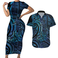 New Zealand Hammerhead Shark Couples Matching Short Sleeve Bodycon Dress and Hawaiian Shirt Maori Haehae Mangopare Galaxy LT14 Blue - Polynesian Pride