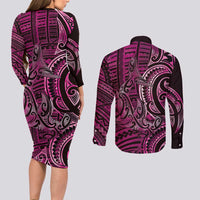 New Zealand Hammerhead Shark Couples Matching Long Sleeve Bodycon Dress and Long Sleeve Button Shirt Maori Haehae Mangopare Pink - Polynesian Pride