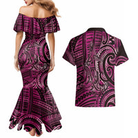 New Zealand Hammerhead Shark Couples Matching Mermaid Dress and Hawaiian Shirt Maori Haehae Mangopare Pink LT14 - Polynesian Pride