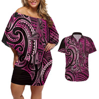 New Zealand Hammerhead Shark Couples Matching Off Shoulder Short Dress and Hawaiian Shirt Maori Haehae Mangopare Pink LT14 Pink - Polynesian Pride