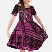 New Zealand Hammerhead Shark Family Matching Off Shoulder Maxi Dress and Hawaiian Shirt Maori Haehae Mangopare Pink LT14 Daughter's Dress Pink - Polynesian Pride