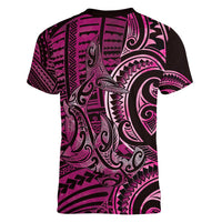 New Zealand Hammerhead Shark Women V-Neck T-Shirt Maori Haehae Mangopare Pink LT14 - Polynesian Pride