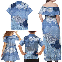 Blue Palaka Japanese Patterns Family Matching Off Shoulder Maxi Dress and Hawaiian Shirt Asanoha Seigaiha Sakura Motif LT14 - Polynesian Pride