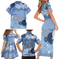 Blue Palaka Japanese Patterns Family Matching Short Sleeve Bodycon Dress and Hawaiian Shirt Asanoha Seigaiha Sakura Motif LT14 - Polynesian Pride
