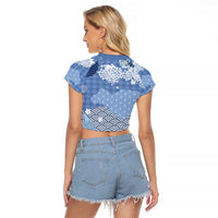 Blue Palaka Japanese Patterns Raglan Cropped T Shirt Asanoha Seigaiha Sakura Motif LT14 - Polynesian Pride