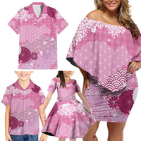 Pink Palaka Japanese Patterns Family Matching Off Shoulder Short Dress and Hawaiian Shirt Asanoha Seigaiha Sakura Motif LT14 - Polynesian Pride