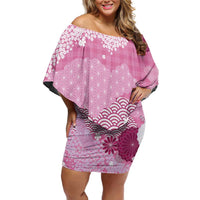 Pink Palaka Japanese Patterns Family Matching Off Shoulder Short Dress and Hawaiian Shirt Asanoha Seigaiha Sakura Motif LT14 Mom's Dress Pink - Polynesian Pride