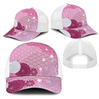 Pink Japanese Traditional Motifs Mesh Trucker Cap Palaka With Asanoha Seigaiha Sakura - Polynesian Pride