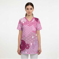 Pink Palaka Japanese Patterns Scrub Top Asanoha Seigaiha Sakura Motif LT14 - Polynesian Pride