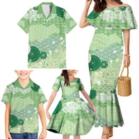 Green Palaka Japanese Patterns Family Matching Mermaid Dress and Hawaiian Shirt Asanoha Seigaiha Sakura Motif LT14 - Polynesian Pride