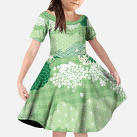 Green Palaka Japanese Patterns Family Matching Off Shoulder Maxi Dress and Hawaiian Shirt Asanoha Seigaiha Sakura Motif LT14 Daughter's Dress Green - Polynesian Pride
