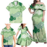 Green Palaka Japanese Patterns Family Matching Off Shoulder Maxi Dress and Hawaiian Shirt Asanoha Seigaiha Sakura Motif LT14 - Polynesian Pride