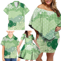 Green Palaka Japanese Patterns Family Matching Off Shoulder Short Dress and Hawaiian Shirt Asanoha Seigaiha Sakura Motif LT14 - Polynesian Pride
