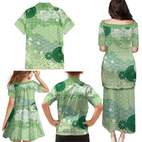 Green Palaka Japanese Patterns Family Matching Puletasi and Hawaiian Shirt Asanoha Seigaiha Sakura Motif LT14 - Polynesian Pride