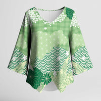 Green Palaka Japanese Patterns Kimono Sleeve Blouse Asanoha Seigaiha Sakura Motif LT14 Female Green - Polynesian Pride