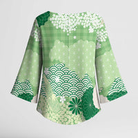 Green Palaka Japanese Patterns Kimono Sleeve Blouse Asanoha Seigaiha Sakura Motif LT14 - Polynesian Pride