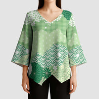 Green Palaka Japanese Patterns Kimono Sleeve Blouse Asanoha Seigaiha Sakura Motif LT14 - Polynesian Pride