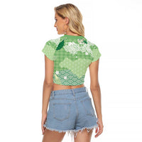 Green Palaka Japanese Patterns Raglan Cropped T Shirt Asanoha Seigaiha Sakura Motif - Polynesian Pride