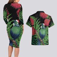 New Zealand Tui Bird Christmas Couples Matching Long Sleeve Bodycon Dress and Hawaiian Shirt Maori Fern Mix Pohotukawa LT14 - Polynesian Pride