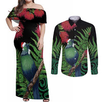 New Zealand Tui Bird Christmas Couples Matching Off Shoulder Maxi Dress and Long Sleeve Button Shirt Maori Fern Mix Pohotukawa LT14 Black - Polynesian Pride