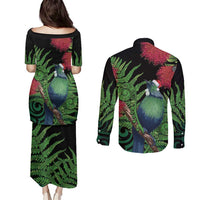 New Zealand Tui Bird Christmas Couples Matching Puletasi and Long Sleeve Button Shirt Maori Fern Mix Pohotukawa LT14 - Polynesian Pride