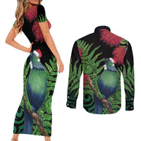 New Zealand Tui Bird Christmas Couples Matching Short Sleeve Bodycon Dress and Long Sleeve Button Shirt Maori Fern Mix Pohotukawa LT14 - Polynesian Pride