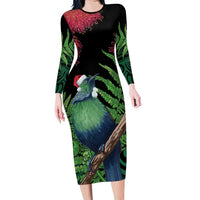 New Zealand Tui Bird Christmas Family Matching Long Sleeve Bodycon Dress and Hawaiian Shirt Maori Fern Mix Pohotukawa LT14 Mom's Dress Black - Polynesian Pride