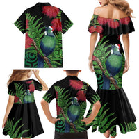 New Zealand Tui Bird Christmas Family Matching Mermaid Dress and Hawaiian Shirt Maori Fern Mix Pohotukawa LT14 - Polynesian Pride